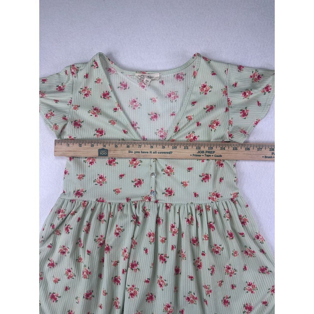 Jessica Simpson Women Floral Ribbed Babydoll Mini Dress Sage Green Pink Rose L - Picture 12 of 12